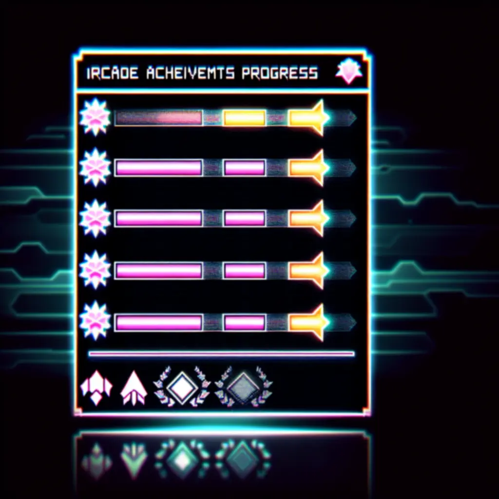 Shooty Skies achievement haladást mutató neon UI képernyő