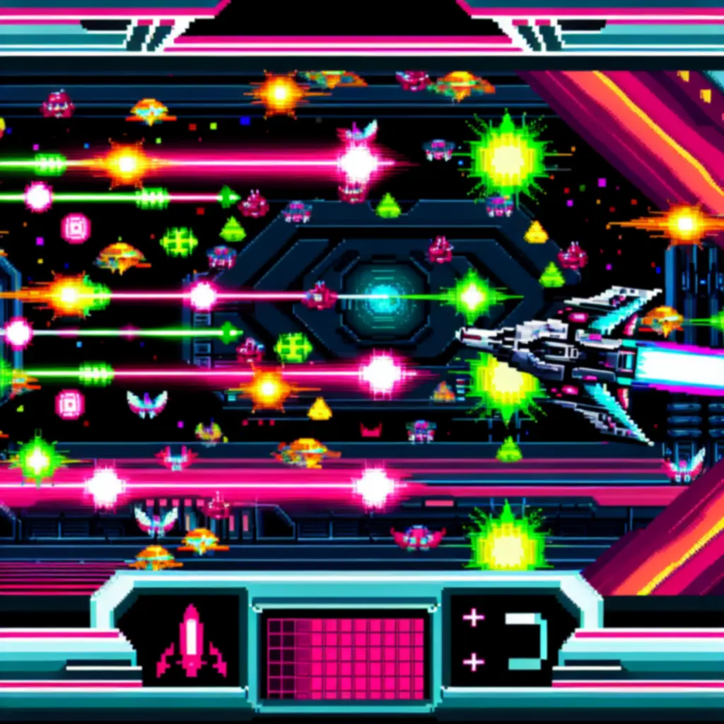 Shooty Skies játékmenet: neon-fényű, kaotikus lövöldözős jelenet