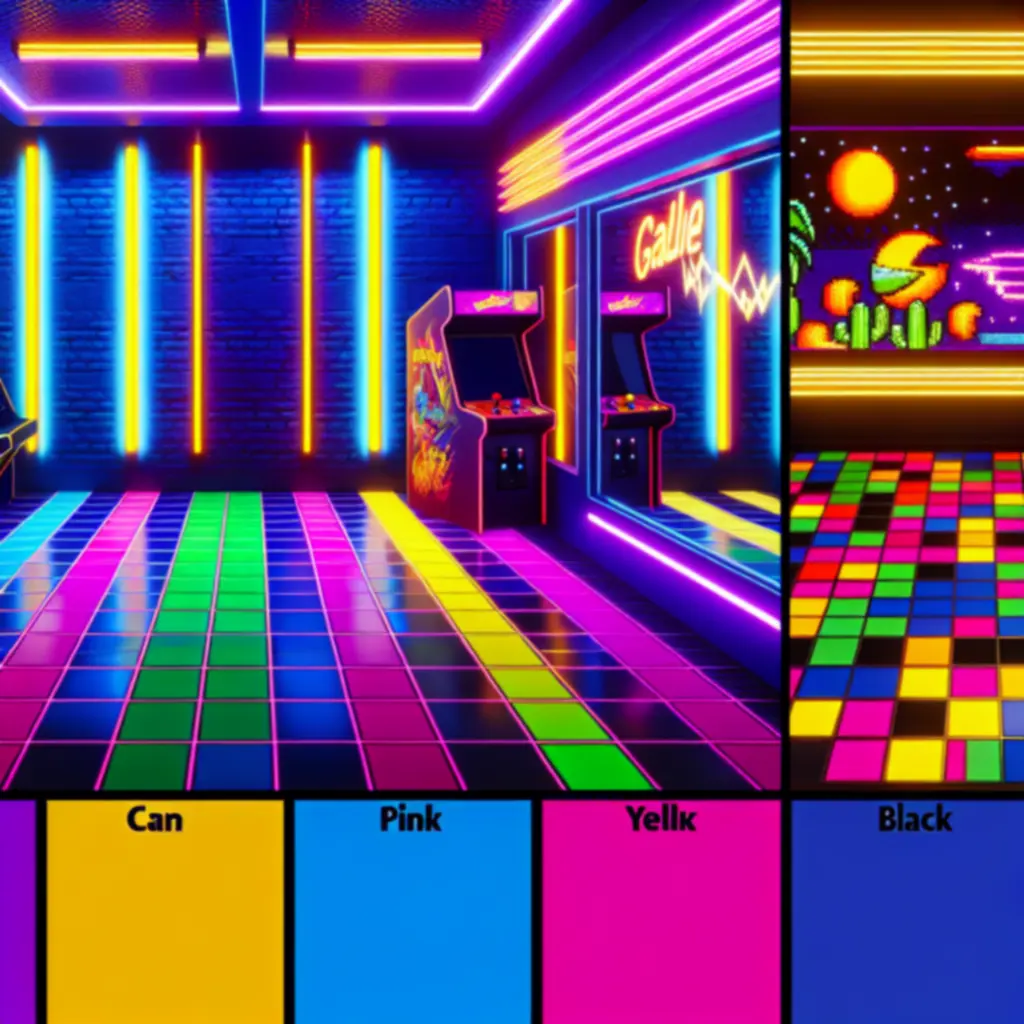 Neon fényekkel és pixeles elemekkel teli Shooty Skies arcade környezet