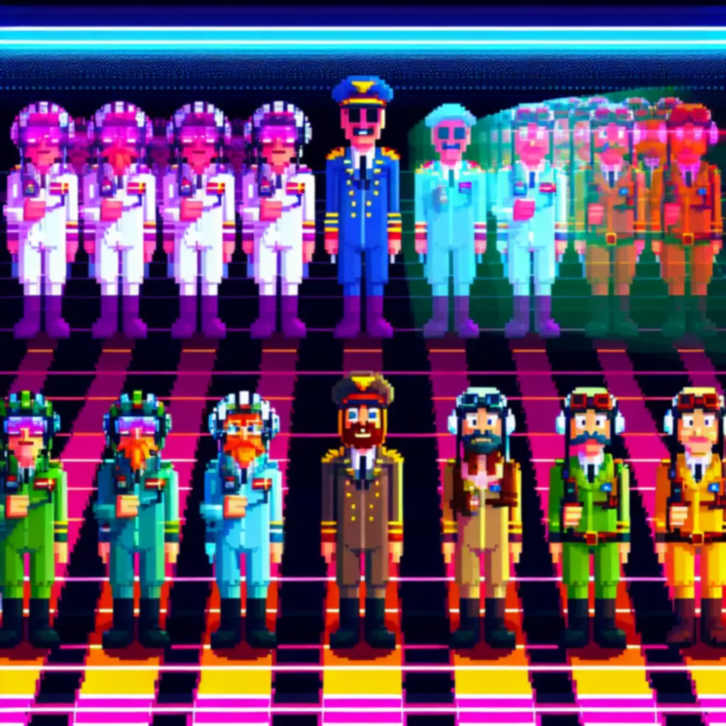 Shooty Skies pilóta-válogatás neon háttérrel és pixeles űrhajókkal