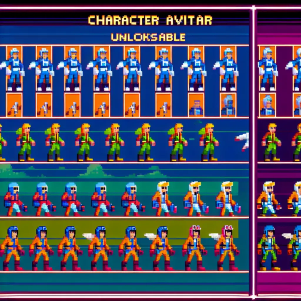 Shooty Skies pilótaválasztó képernyő pixeles, színes karakterekkel